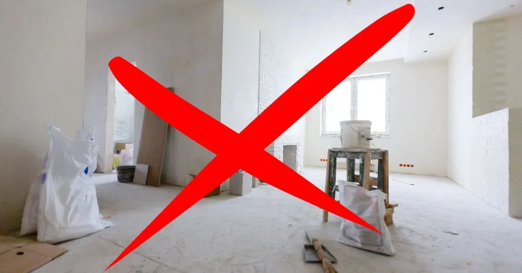 Apartment undergoing a full renovation with tools and building materials, highlighted as an investment that doesn’t always add real value for the owner