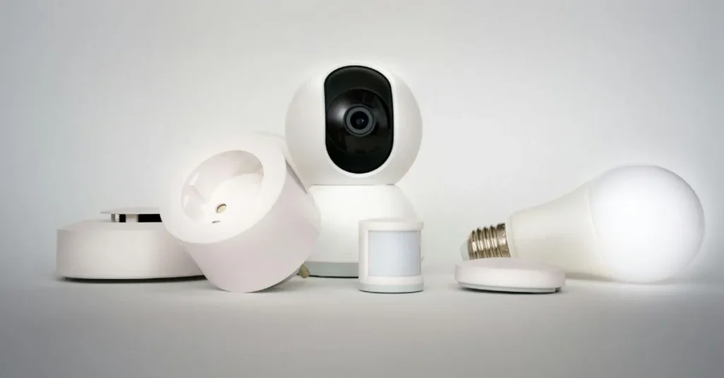 Smart home devices such as motion sensors, an indoor camera and a connected light bulb, designed for property monitoring and protection
