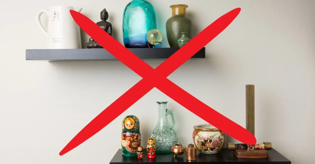 Shelving overloaded with decorative objects of different styles and sizes, illustrating a common wall decoration mistake.