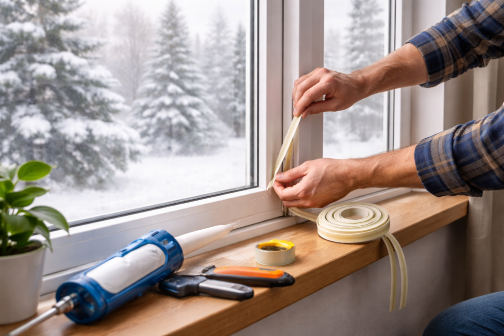 Sellado de juntas en una ventana para mejorar el aislamiento térmico durante el invierno