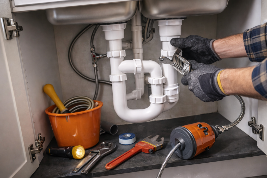 Mantenimiento del sifón y desagües bajo el fregadero de un apartamento