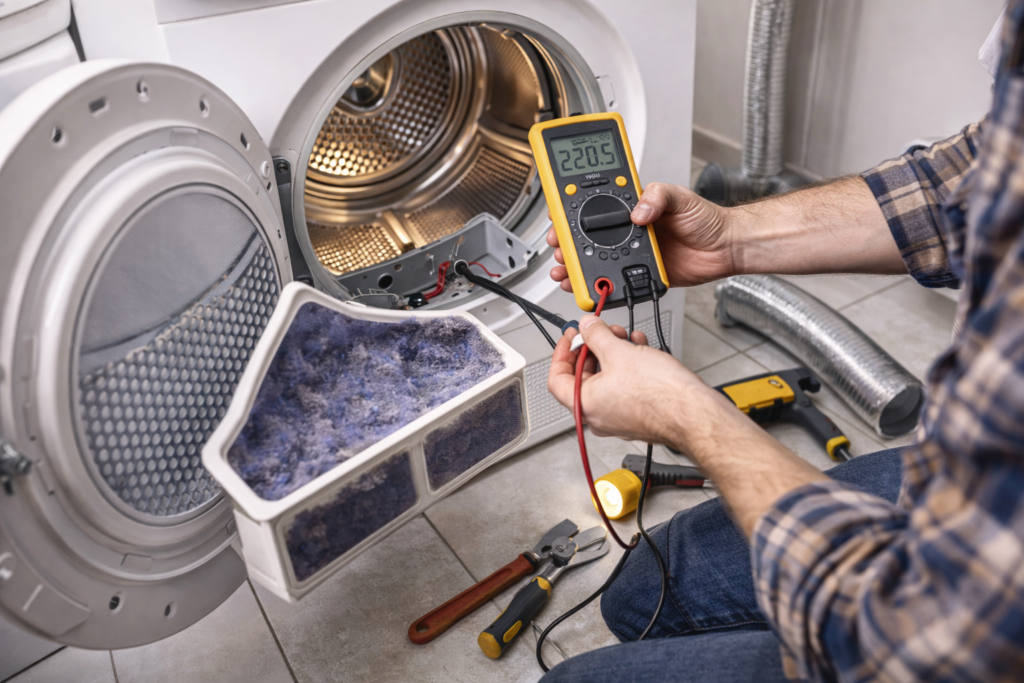 Comprobación del funcionamiento y limpieza del filtro de una secadora en un apartamento