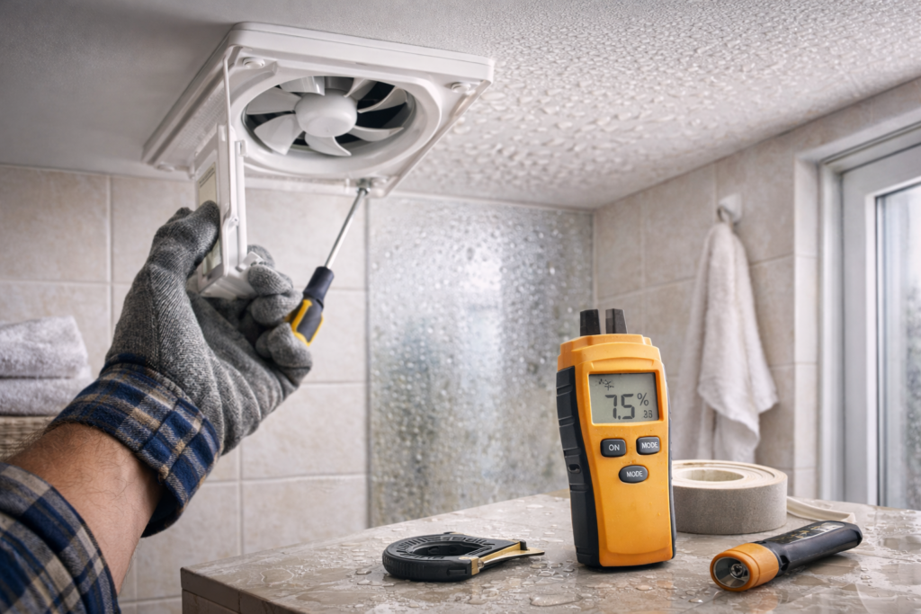 Comprobación del extractor de ventilación y medición de la humedad en un baño del apartamento