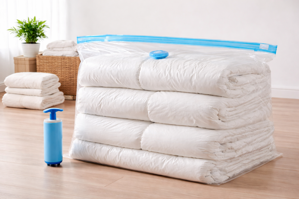 Transparent vacuum storage bag containing thick duvets and bedspreads compressed inside, with a blue hand pump, placed on a wooden floor. Ideal for storing bedding neatly and saving space at home.