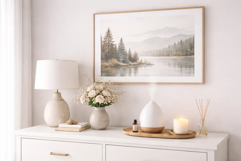 Detail of a modern bedroom with a decorative air freshener on the bedside table, a soft lamp and a landscape print hanging on the wall. Light neutral tones with a cosy and relaxing atmosphere, ideal for bedroom décor inspiration.