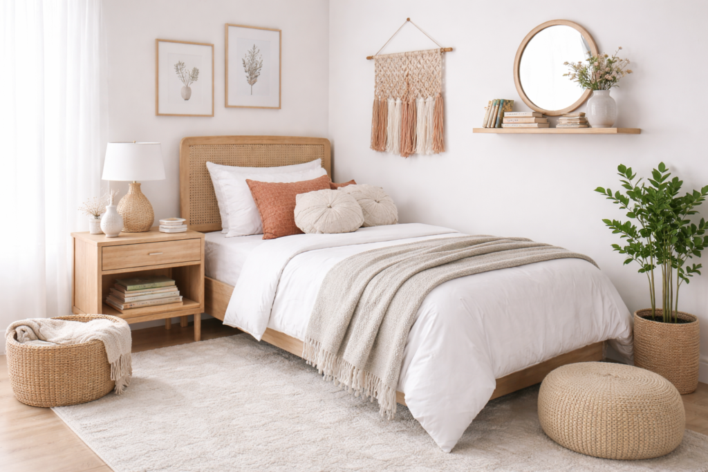 Modern single bedroom with a single bed, bedding in light grey and off-white tones, a minimalist bedside table, subtle décor and a relaxing atmosphere. Ideal for apartment or rental room interiors.