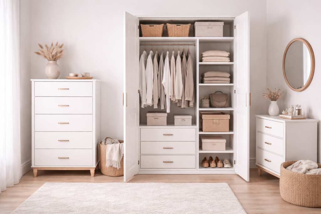 Bright room with white wardrobes and drawers showing organised storage space with folded and hanging clothes, baskets and minimalist accessories. Ideal for modern bedrooms and storage solutions in apartments or homes.