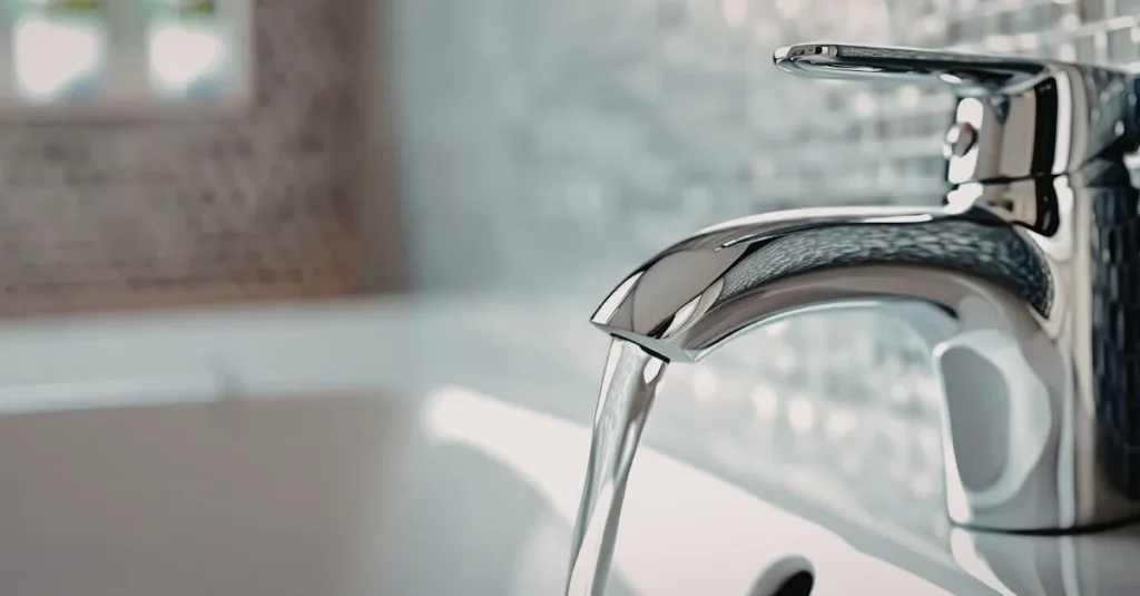 Primer pla d’una aixeta de bany cromada amb aigua corrent, en un bany modern amb rajoles de fons. La imatge mostra el disseny de l’aixeta i l’aigua transparent sortint suaument.