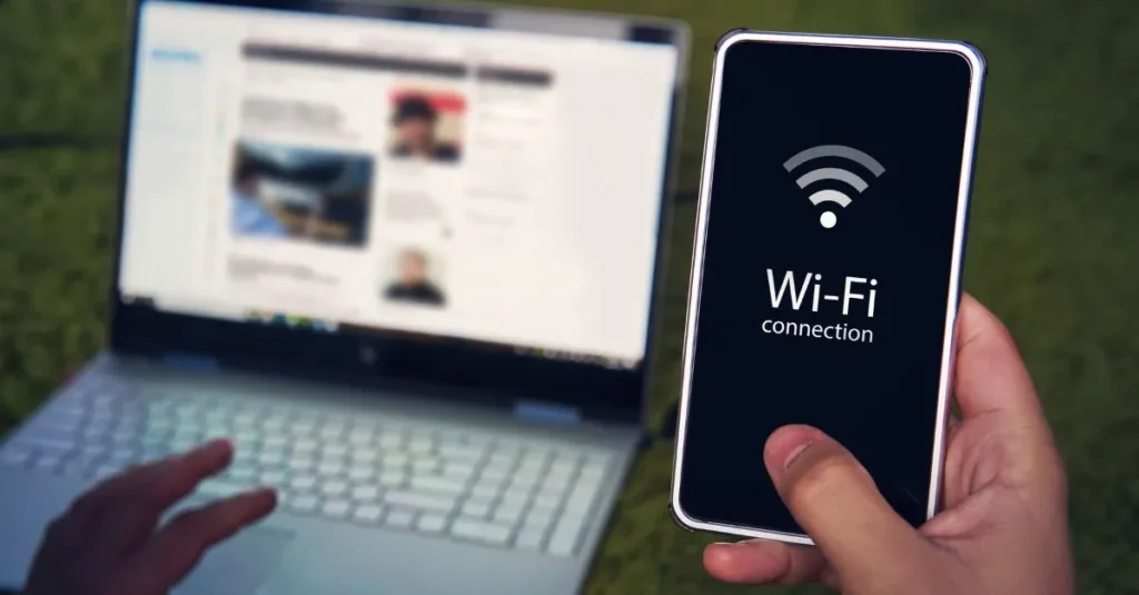 Persona conectando su móvil a una red WiFi mientras utiliza un portátil en un apartamento durante su estancia