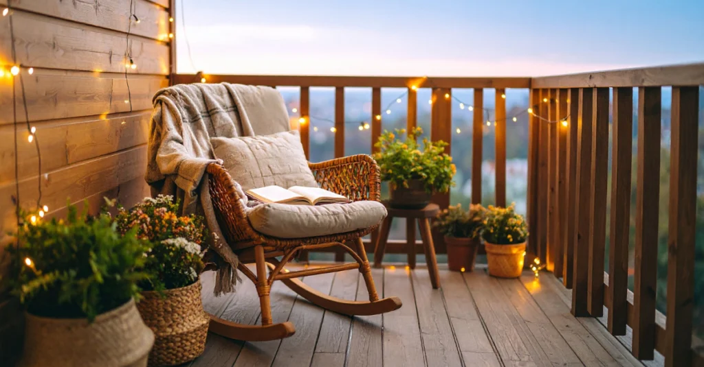 Balcó decorat amb llums càlides, plantes i butaca, creant un ambient acollidor ideal per gaudir a la nit en temporada alta