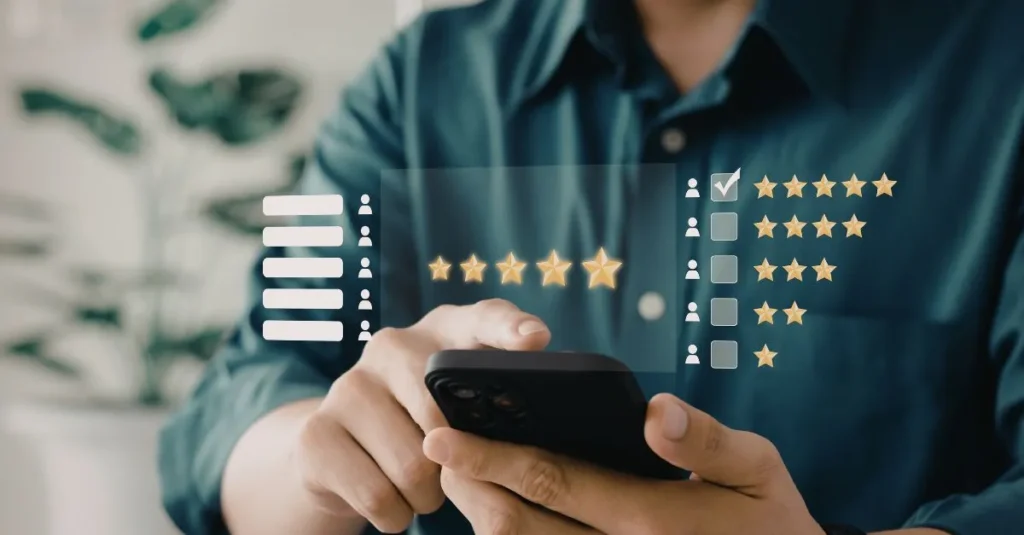 Persona utilizando el móvil para dejar una valoración con estrellas sobre su experiencia en un apartamento turístico