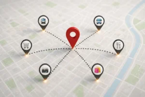 Map showing apartment location in Barcelona with nearby points of interest such as transport, restaurants, shops, and leisure areas