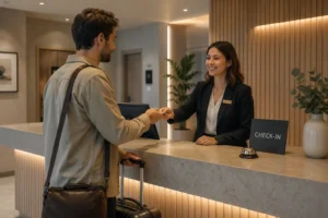 Guest checking in at an apartment reception in Barcelona with staff handing over keys and providing personalized service