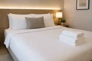 Apartment bedroom in Barcelona with double bed, white bedding and folded towels, clean and cozy atmosphere