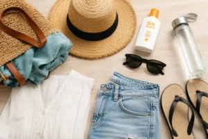Summer essentials such as a hat, sunglasses, sunscreen, and light clothing prepared for a stay in an apartment in Barcelona