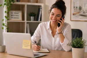 Customer service agent answering a call from an office with a laptop, providing support to apartment guests in Barcelona