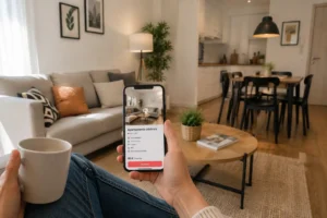 Person booking an apartment in Barcelona from their phone while sitting in a modern living room with sofa and open kitchen