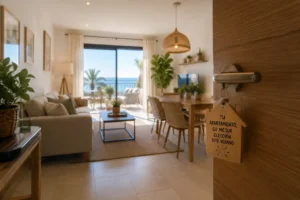 Open apartment door in Barcelona showing a bright living room, dining area and terrace with sea views, ideal for summer stays