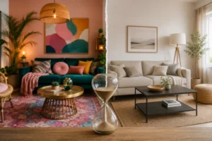 Living room split into two styles: on the left, colourful and modern decor with bold elements; on the right, a neutral, minimalist and timeless space with light tones and a simple design