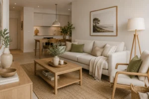 Bright living room with a beige sofa, wooden furniture and neutral tones, connected to an open kitchen, creating a cosy, functional and timeless space ideal for holiday rentals