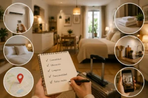 Interior of a holiday rental apartment with a bed and kitchen in the background, while a person holds a checklist notebook with key aspects such as comfort, location and cleanliness, surrounded by visual icons like air conditioning, towels, a map and a phone with photos