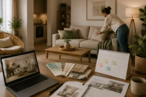 Living space with neutral decor while a person adjusts cushions on the sofa, with a workspace in the foreground including a laptop, colour samples, plans and a calendar, representing planning and optimisation of a holiday rental apartment