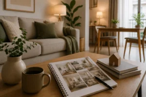 Neutral-style living room with a beige sofa and coffee table, featuring a notebook with interior design photos and a house model, representing planning and aesthetic improvement of a holiday rental apartment