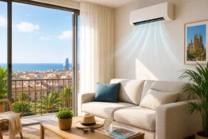 Apartment living room in Barcelona with a beige sofa, air conditioning, and a balcony overlooking the sea and the city