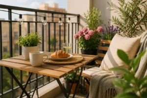 Apartment balcony in Barcelona with a wooden table, breakfast with croissant and coffee, plants and a cozy outdoor atmosphere