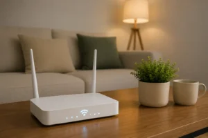 WiFi router on a wooden table in a living room with a sofa and decor, showing internet connection in an apartment in Barcelona