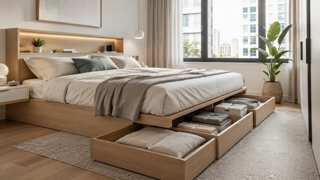 Aprovechar el espacio bajo la cama permite guardar ropa de cama, mantas y objetos de temporada sin ocupar espacio adicional ni alterar la sensación de amplitud del dormitorio.