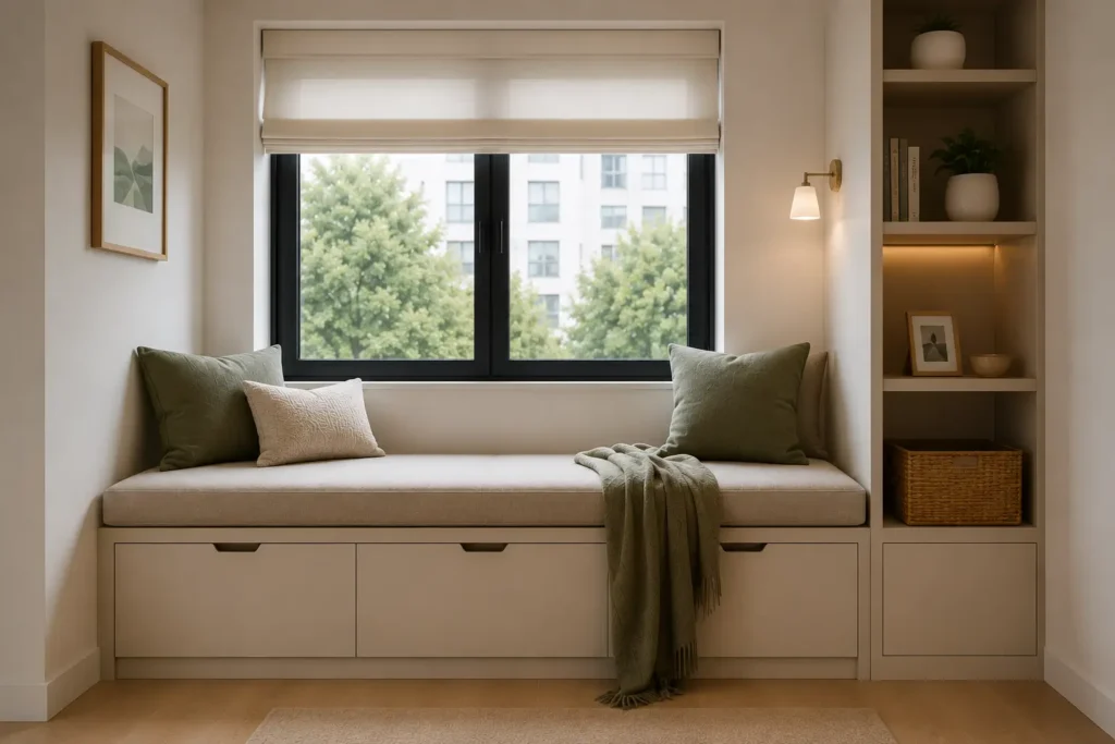 Los muebles integrados, bancos con cajones y nichos empotrados aprovechan cada rincón de la vivienda y ofrecen una imagen más limpia y uniforme.