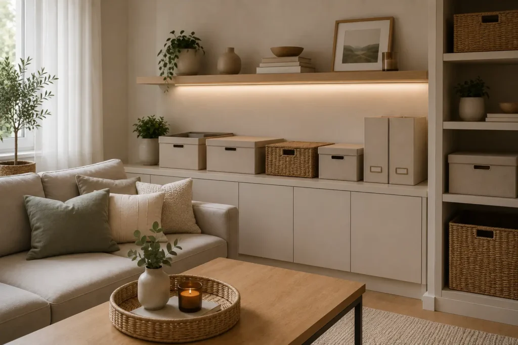 Utilizar cajas, cestas y organizadores en tonos similares a la decoración ayuda a integrar el almacenamiento y crear espacios más armónicos y ordenados.