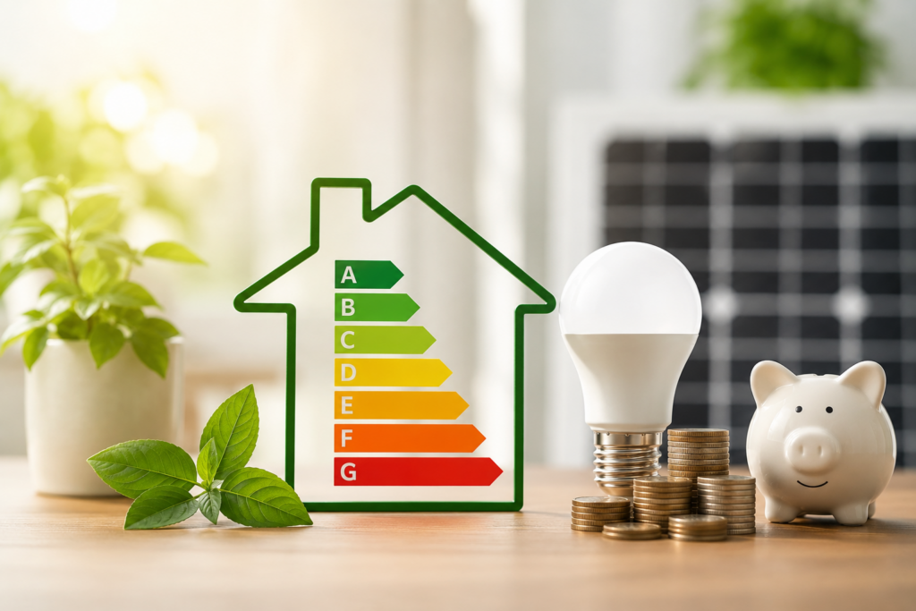 Concepto de ahorro energético con etiqueta de eficiencia energética, bombilla LED de bajo consumo, panel solar, monedas y hucha sobre una mesa, representando sostenibilidad y reducción del consumo eléctrico.