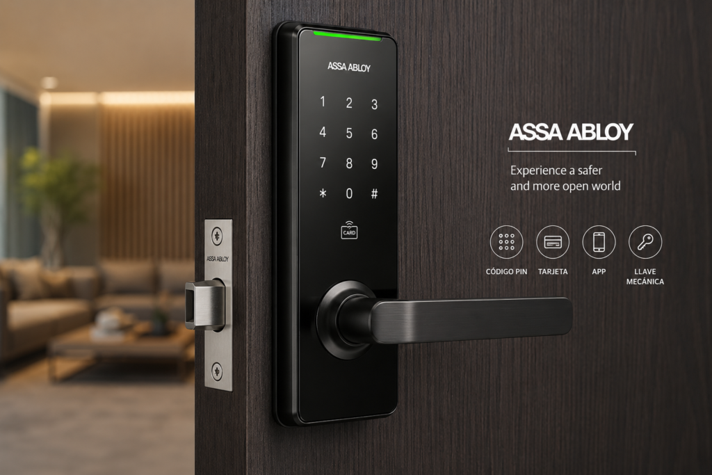 Cerradura inteligente ASSA ABLOY instalada en una puerta de apartamento, diseñada para ofrecer acceso digital seguro mediante smartphone o llave electrónica.
