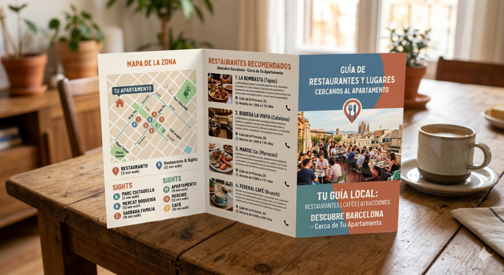 Folleto informativo sobre restaurantes, cafeterías y lugares de interés cercanos a un apartamento en Barcelona, con mapa de la zona, recomendaciones locales y guía turística sobre una mesa de madera.