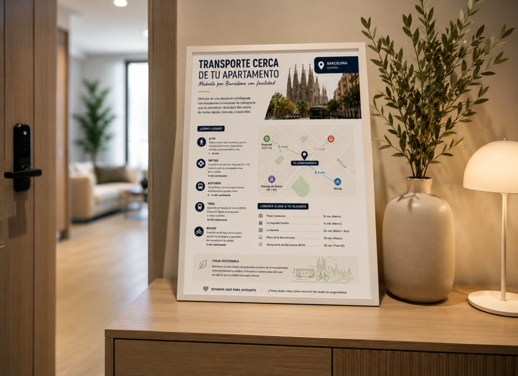 Cartel informativo sobre transporte público y puntos de interés cercanos al apartamento, colocado sobre una cómoda en la entrada de un alojamiento turístico en Barcelona para orientar a los huéspedes durante su estancia.