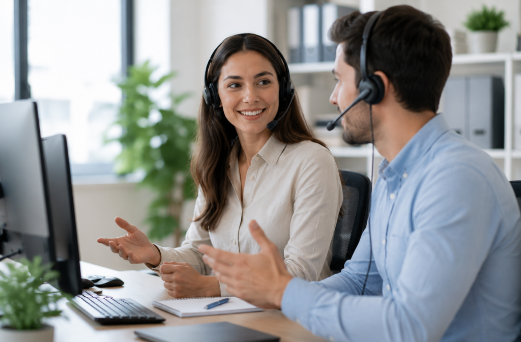 Two customer service agents working together to resolve guest enquiries and property-related issues.