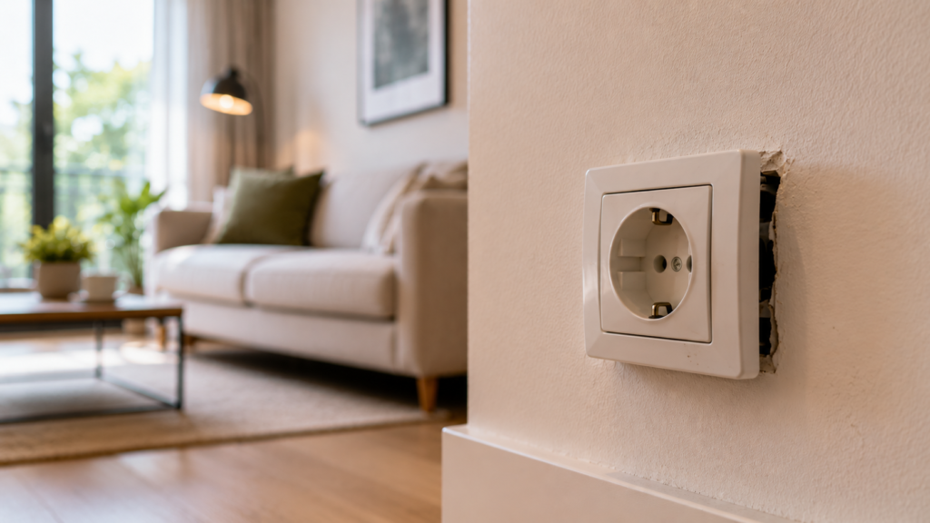 Electrical socket slightly detached from the wall due to regular use and the passage of time in a well-maintained apartment.