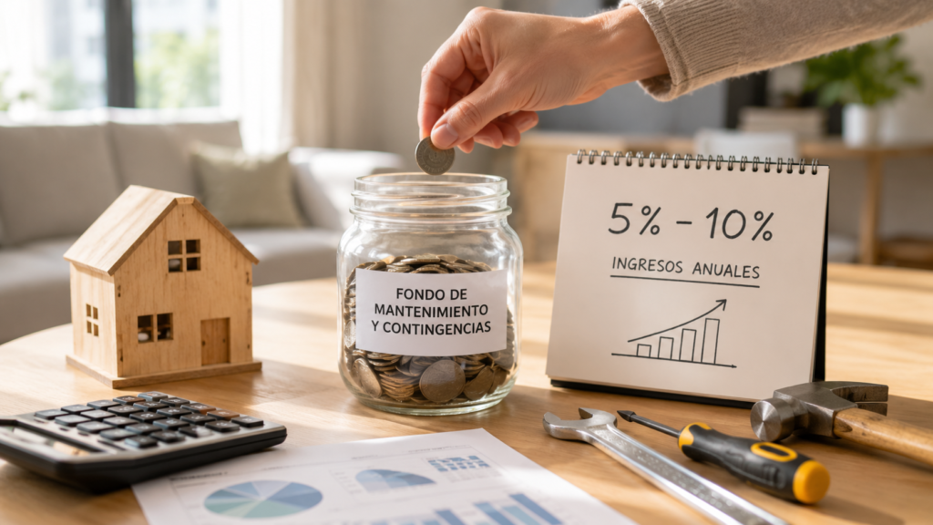 Savings set aside for home maintenance, with a money box, tools and financial documents displayed on a table.