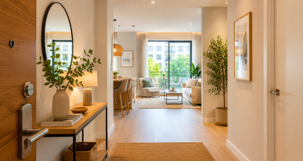 Modern and bright apartment entrance hall in excellent condition, featuring elegant décor, natural light and access to the living area.