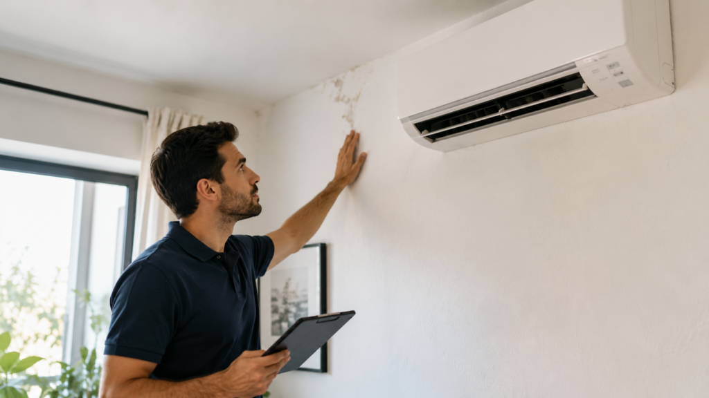 Person inspecting an air conditioning system and checking for signs of damp on a property's wall.