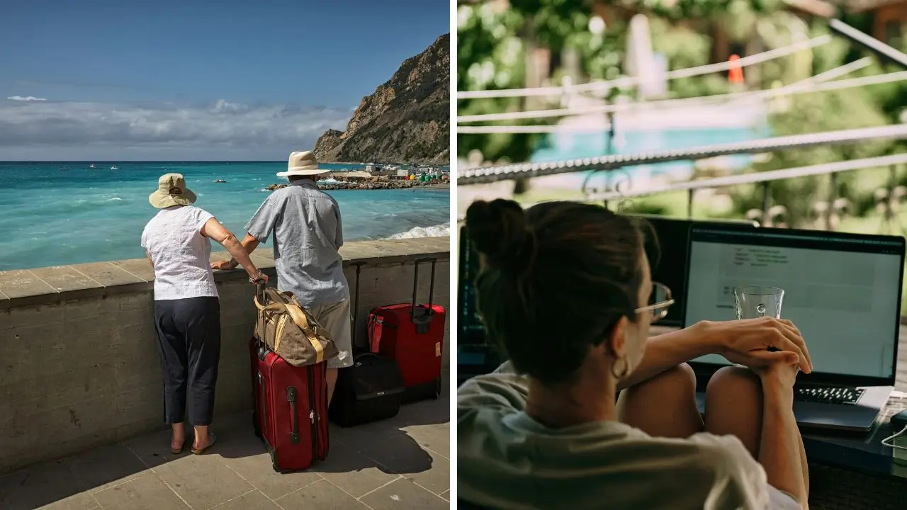 Collage: dos viatgers amb maletes mirant el mar i una persona teletreballant amb portàtil en una terrassa a l’aire lliure