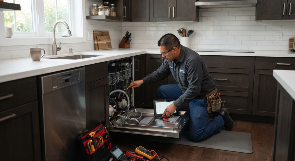 Técnico realizando tareas de mantenimiento y reparación de un lavavajillas en la cocina de una vivienda.