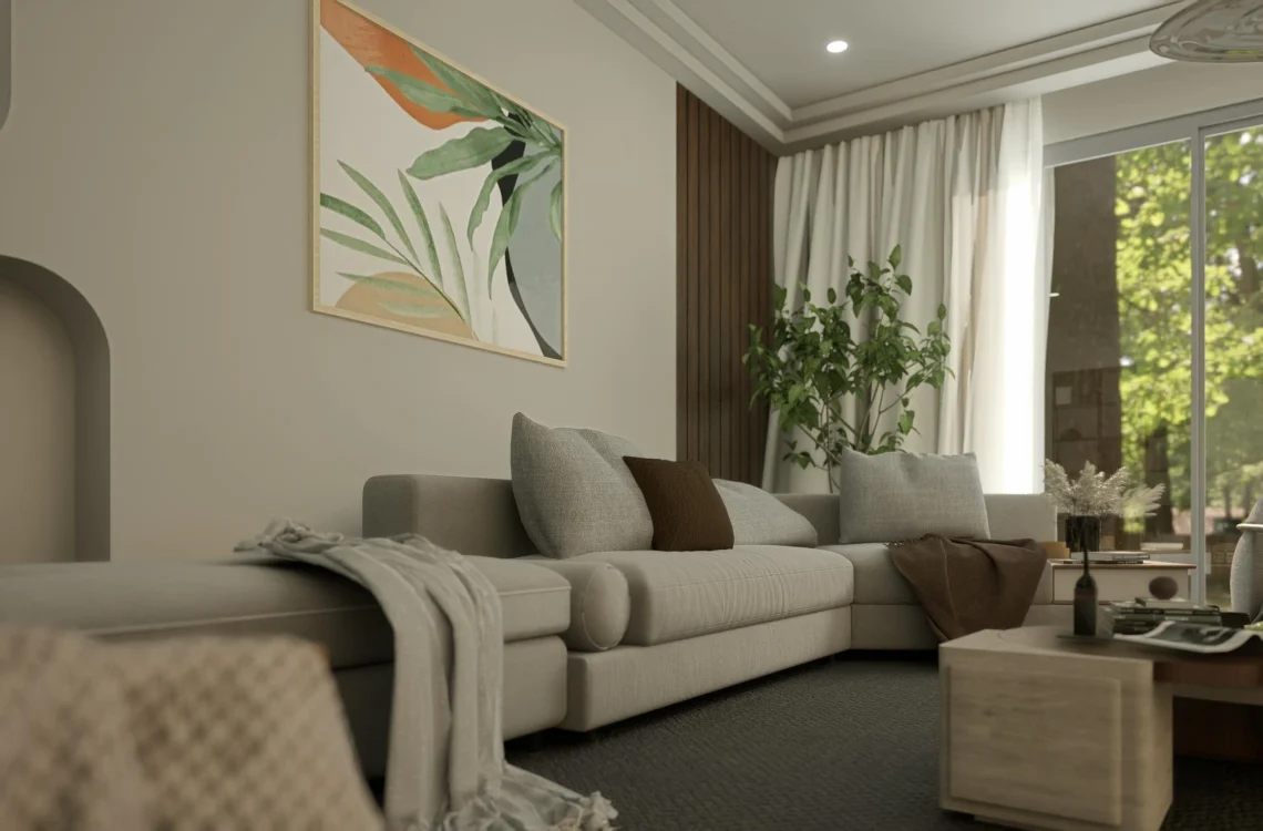 Salón elegante con sofá esquinero beige, cojines grises y marrones, manta decorativa, mesa de centro de madera clara, gran ventanal con cortinas blancas, planta natural y cuadro abstracto con motivos botánicos en la pared