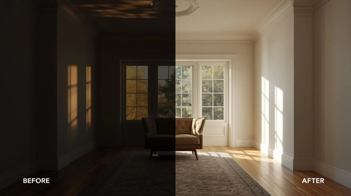 antes y después de iluminar un piso turístico oscuro