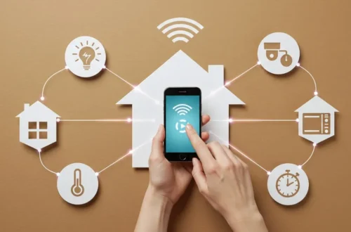 Ilustración de una vivienda conectada controlada desde el móvil, con sistemas inteligentes de iluminación, climatización y seguridad