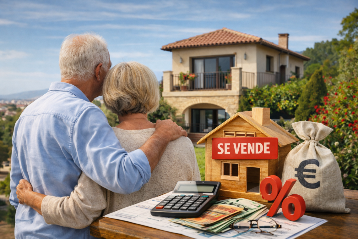 Pareja mayor observando su casa en venta con elementos de inversión inmobiliaria y planificación económica en primer plano