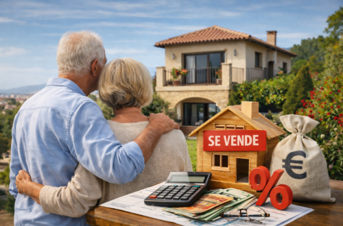 Pareja mayor observando su casa en venta con elementos de inversión inmobiliaria y planificación económica en primer plano