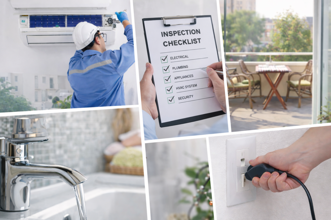 Diversas tareas de mantenimiento en un apartamento antes de la primavera: un técnico limpiando una unidad de aire acondicionado, un grifo de baño con agua fluyendo, un enchufe siendo conectado, una lavadora en funcionamiento y una terraza luminosa con una mesa y sillas. Todo ello con iluminación clara y tonos equilibrados.